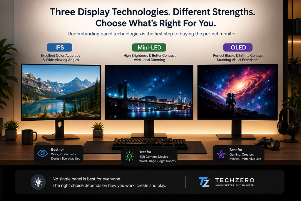 Comparison of IPS, Mini-LED and OLED monitors in a modern workspace showing different display technologies used for gaming, productivity and content creation