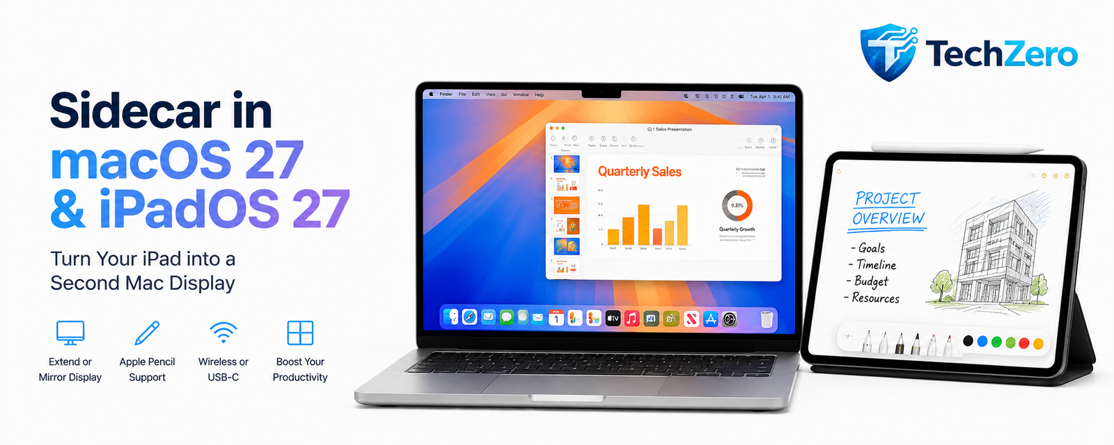 Sidecar in macOS 27 and iPadOS 27 showing MacBook and iPad connected as a second display