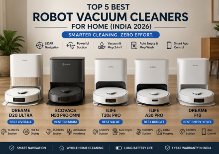Top 5 best robot vacuum cleaners for home in India 2026 featuring Dreame D20 Ultra, Ecovacs N50 Pro Omni, ILIFE T20s Pro, ILIFE A30 Pro and Dreame F10.
