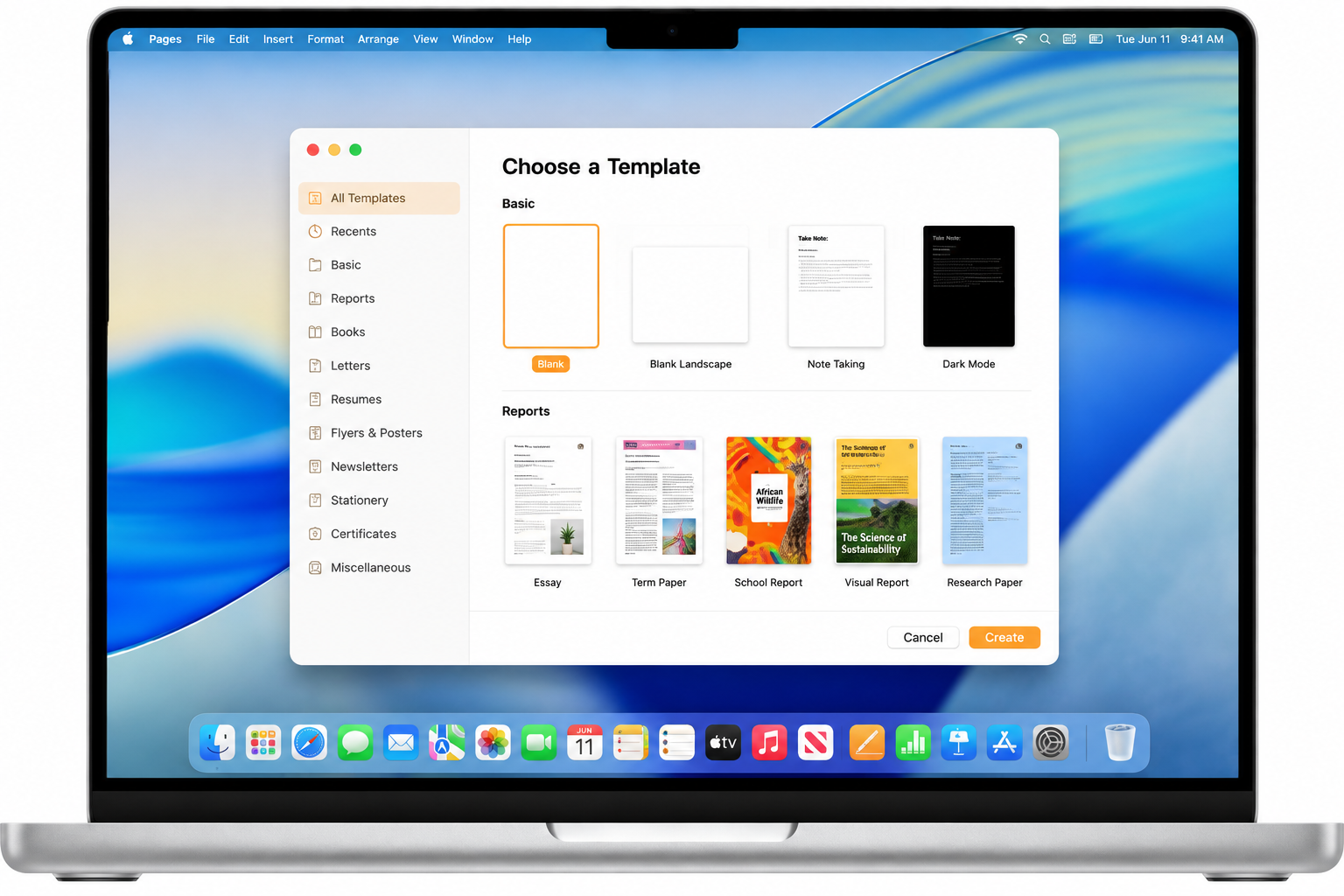 Apple Pages running on a MacBook with the Choose a Template window open, displaying blank document, report, letter, and resume templates for creating new documents on macOS.