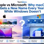 Apple vs Microsoft comparison showing Apple's yearly macOS naming strategy versus Microsoft's continuous Windows update model.