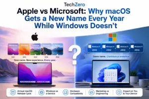 Apple vs Microsoft: Why macOS Gets a New Name Every Year While Windows Doesn't Apple vs Microsoft comparison showing Apple's yearly macOS naming strategy versus Microsoft's continuous Windows update model.