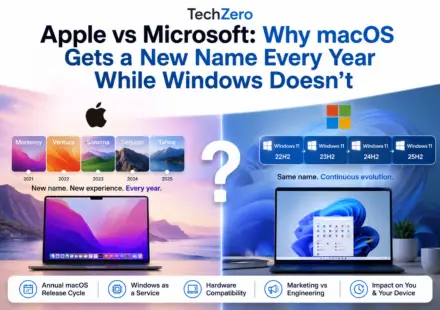 Apple vs Microsoft comparison showing Apple's yearly macOS naming strategy versus Microsoft's continuous Windows update model.