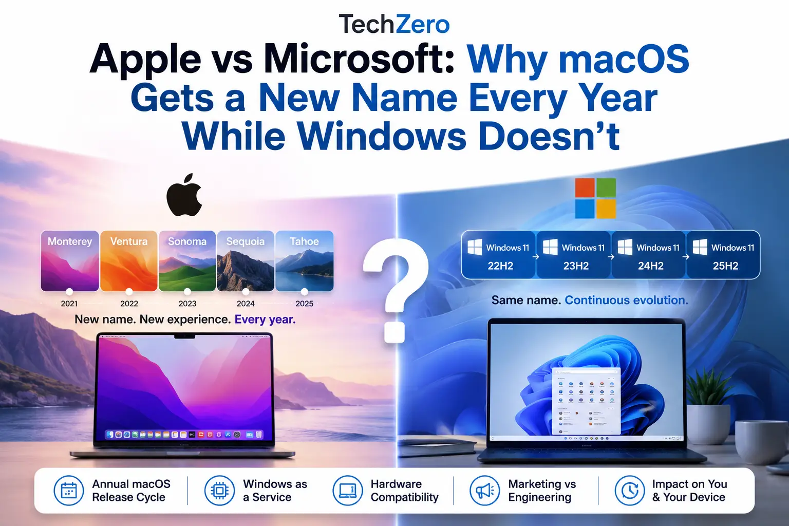 Apple vs Microsoft comparison showing Apple's yearly macOS naming strategy versus Microsoft's continuous Windows update model.