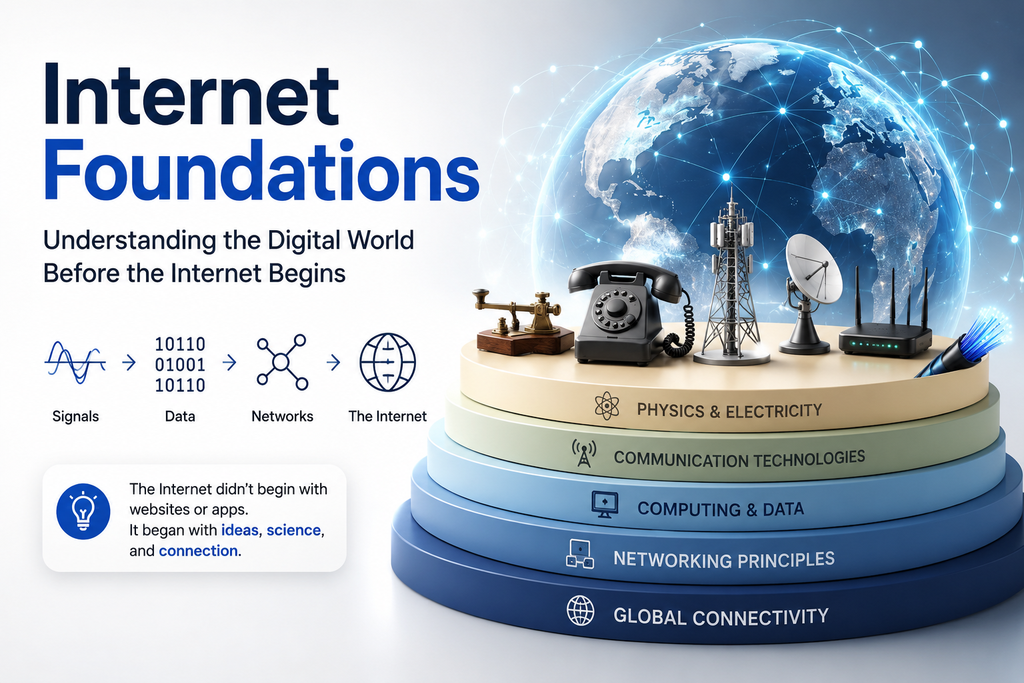 Hero illustration showing the evolution of internet foundations from signals and data to communication networks and the modern internet, featuring telegraph, telephone, cellular tower, satellite, Wi-Fi router, fiber-optic cable, and a connected digital globe.
