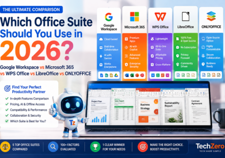 Comparison of the best free office suites in 2026 featuring OnlyOffice, LibreOffice, Google Workspace, WPS Office, and Microsoft 365 with AI, compatibility, collaboration, and offline productivity highlights.