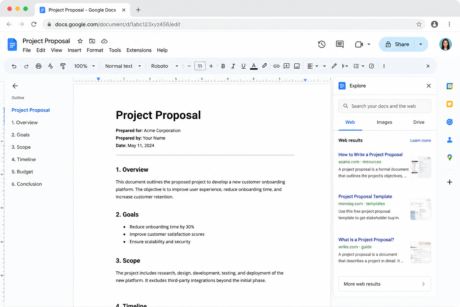 Google Workspace Docs interface displaying a collaborative document editor with formatting tools, document outline, sharing controls, and cloud-based real-time collaboration features.
