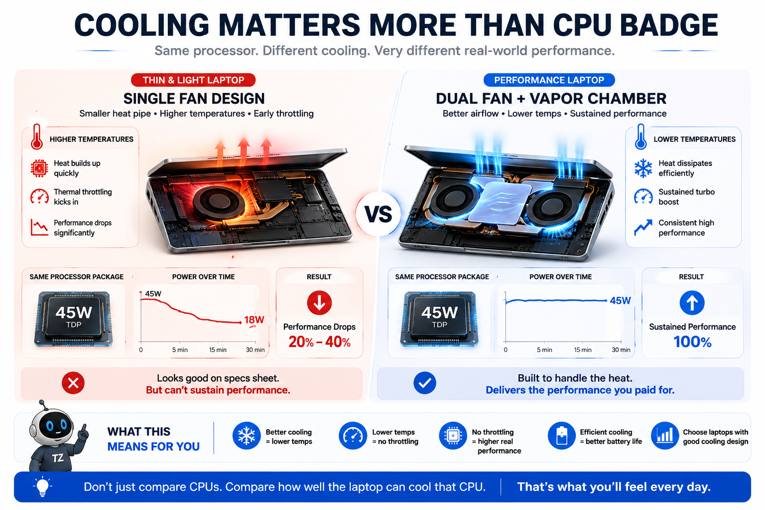 Laptop thermal throttling comparison showing single fan versus dual fan cooling and how better cooling sustains CPU performance.