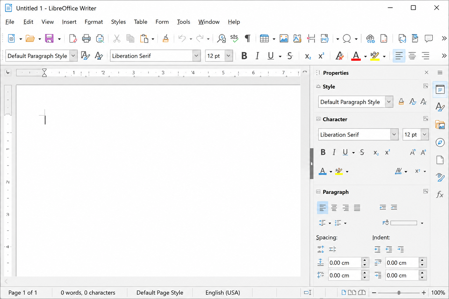 LibreOffice Writer interface showing the document editing workspace with menu bar, formatting toolbar, properties sidebar, and status bar for creating and editing word processing documents.