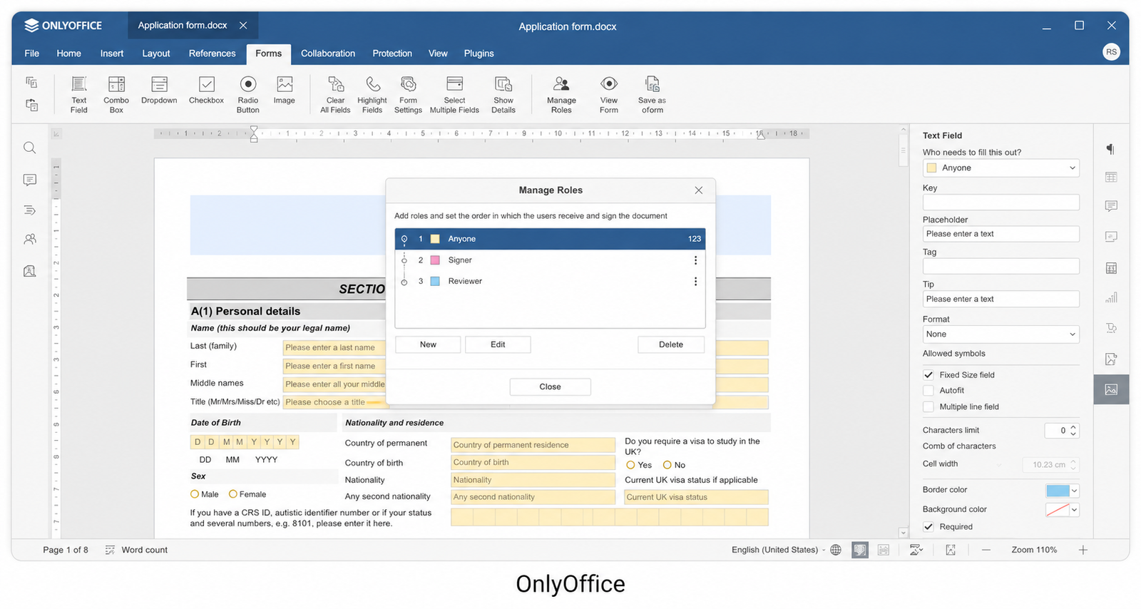 OnlyOffice desktop interface displaying a document editing workspace with an application form, formatting toolbar, role management dialog, and document properties panel, showcasing Microsoft Office-compatible document editing.