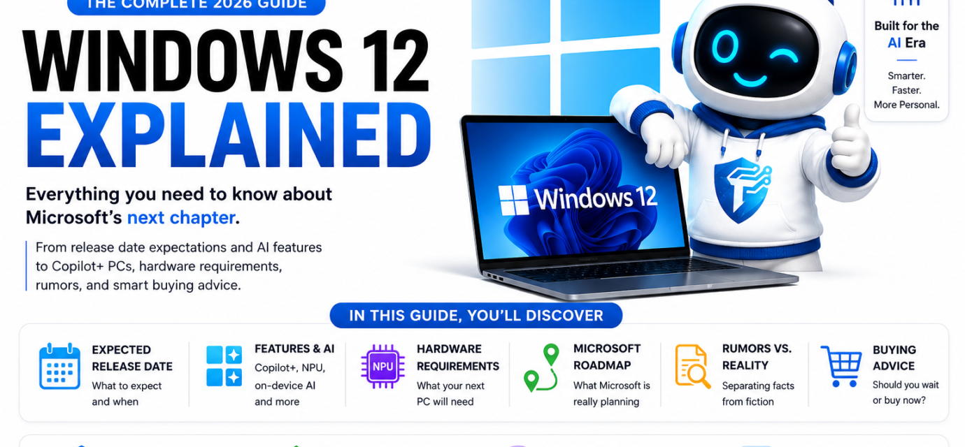 TechZero hero banner for the Windows 12 Explained guide showing the key topics covered, including release date, AI features, Copilot+ PCs, hardware requirements, Microsoft roadmap, rumors, and buying advice.