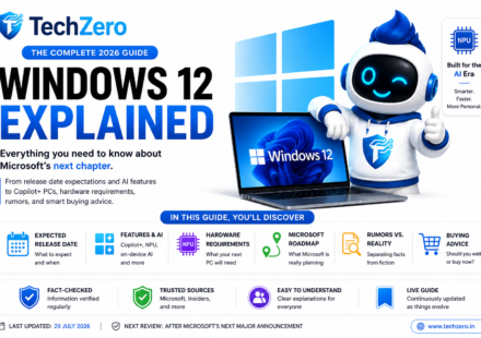 TechZero hero banner for the Windows 12 Explained guide showing the key topics covered, including release date, AI features, Copilot+ PCs, hardware requirements, Microsoft roadmap, rumors, and buying advice.