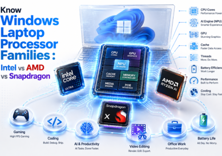 Illustration comparing Windows laptop processor families including Intel Core Ultra, AMD Ryzen AI and Qualcomm Snapdragon X with CPU, GPU, NPU, cache and processor architecture explained for laptop buyers.