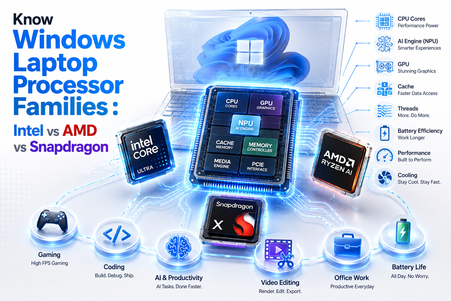 Illustration comparing Windows laptop processor families including Intel Core Ultra, AMD Ryzen AI and Qualcomm Snapdragon X with CPU, GPU, NPU, cache and processor architecture explained for laptop buyers.