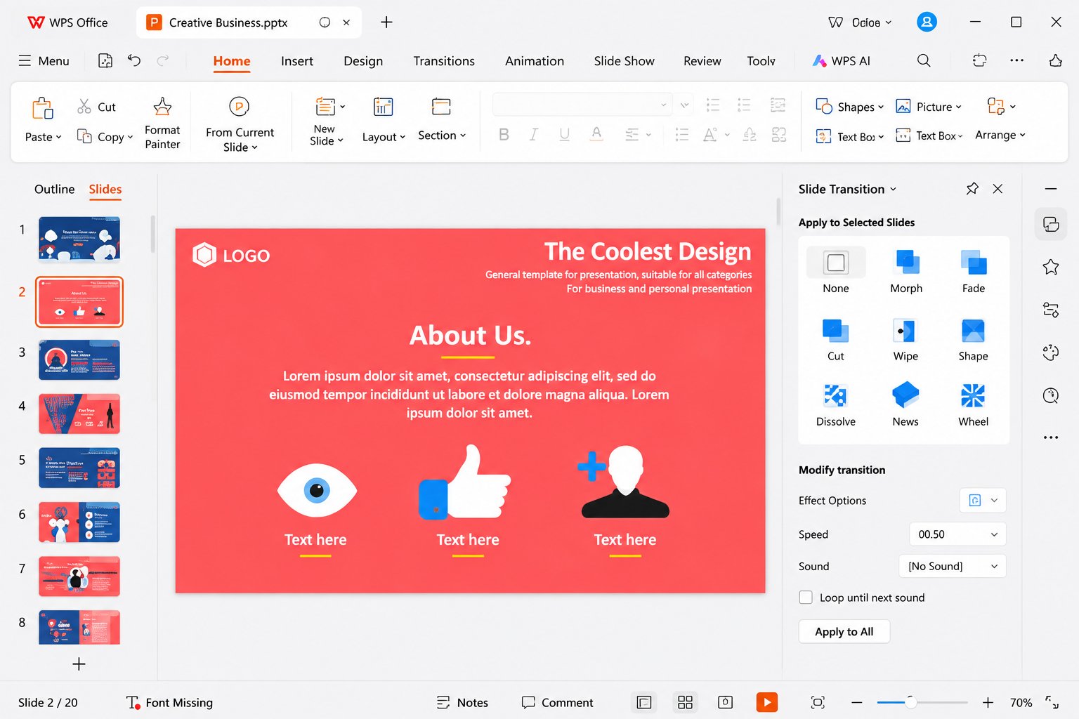 WPS Office Presentation interface displaying a colorful slide editing workspace with presentation thumbnails, ribbon toolbar, transition effects panel, and AI-powered presentation tools for creating professional slides.