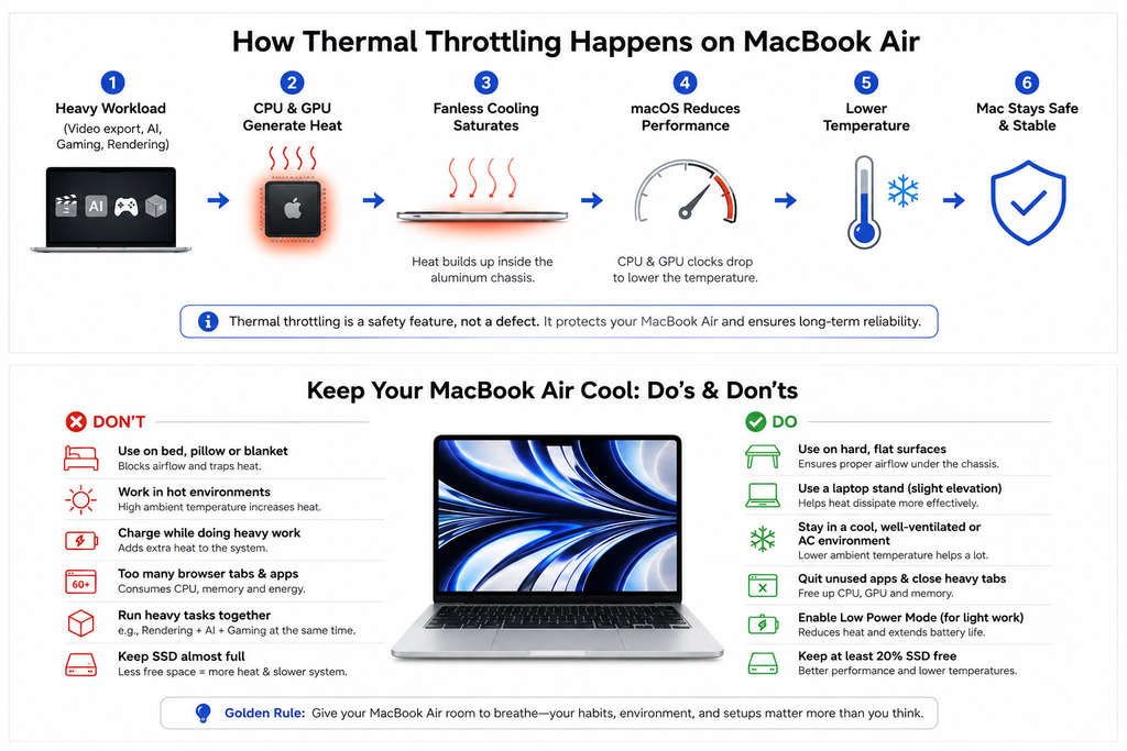 MacBook Air thermal throttling infographic explaining causes, passive cooling, and ways to reduce heat and improve sustained performance.