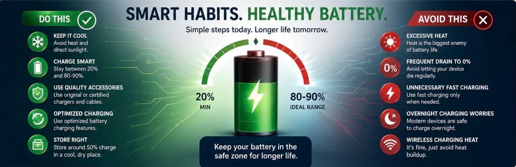 Battery care infographic showing phones, laptop, tablet, smartwatch and earbuds with practical tips for heat management, 20–80% charging, optimized charging, quality accessories and long-term battery storage.