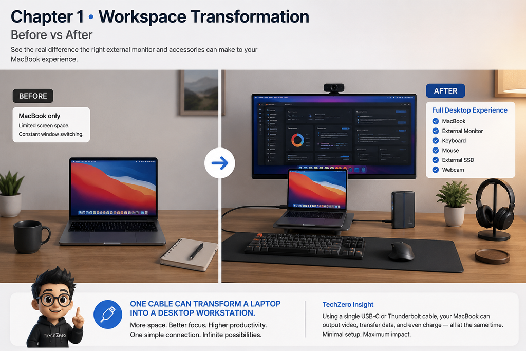 Before-and-after workspace transformation showing a MacBook upgraded into a complete desktop setup using a single USB-C connection. The left side features only a MacBook on a desk, while the right side includes an external monitor, keyboard, mouse, external SSD, webcam, and accessories, illustrating how one cable can transform a laptop into a productive desktop workstation for macOS users.