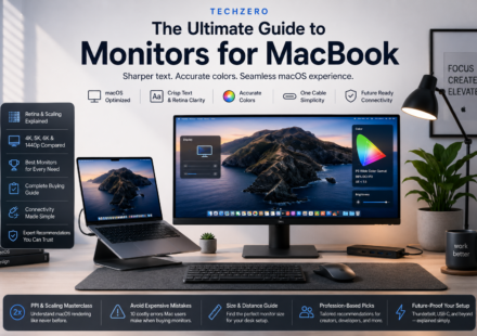 Three-pane TechZero documentation layout showing a sticky Parts navigation on the left, article content in the center, and dynamic Chapters navigation on the right for long-form Mac buying guides.
