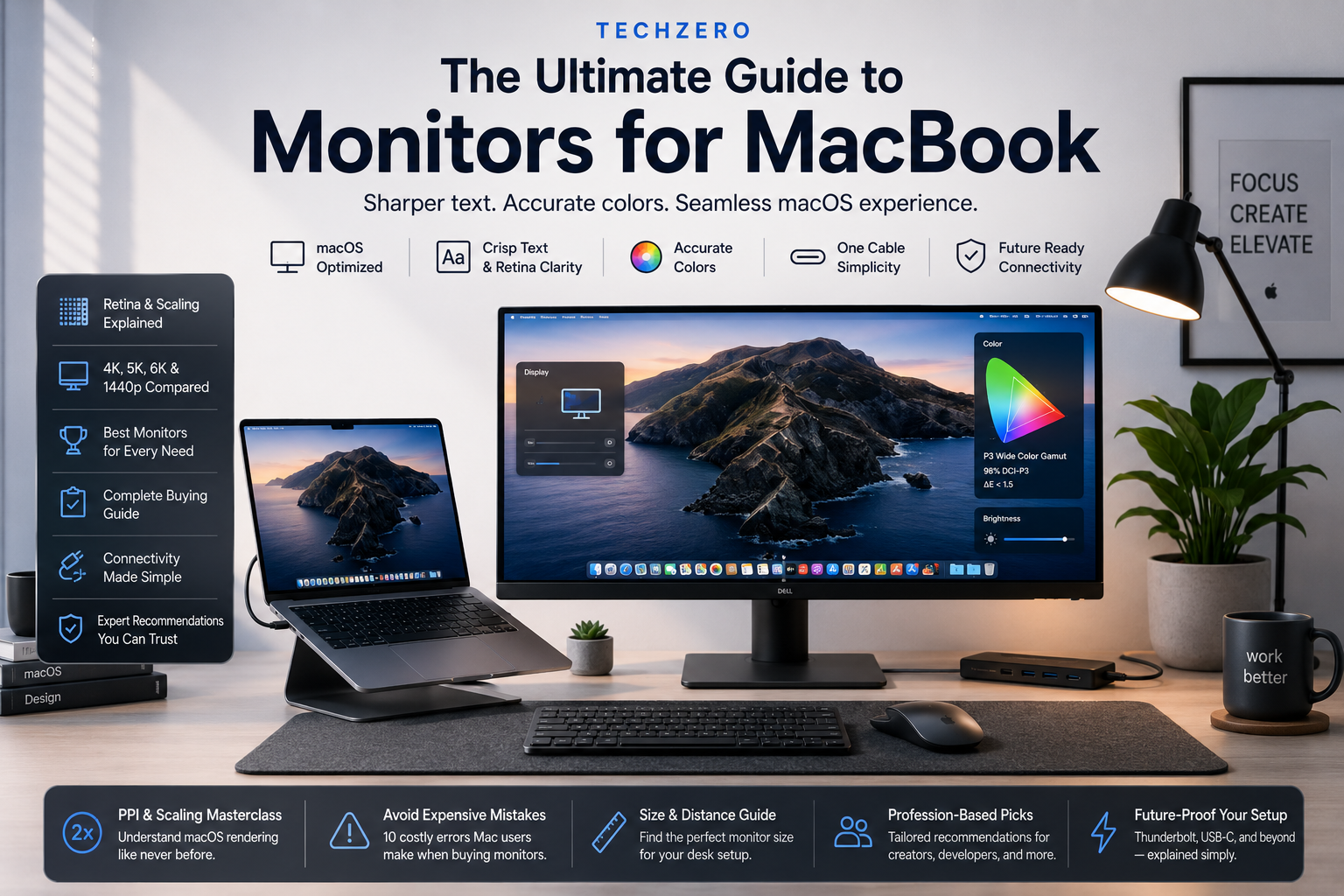 Three-pane TechZero documentation layout showing a sticky Parts navigation on the left, article content in the center, and dynamic Chapters navigation on the right for long-form Mac buying guides.
