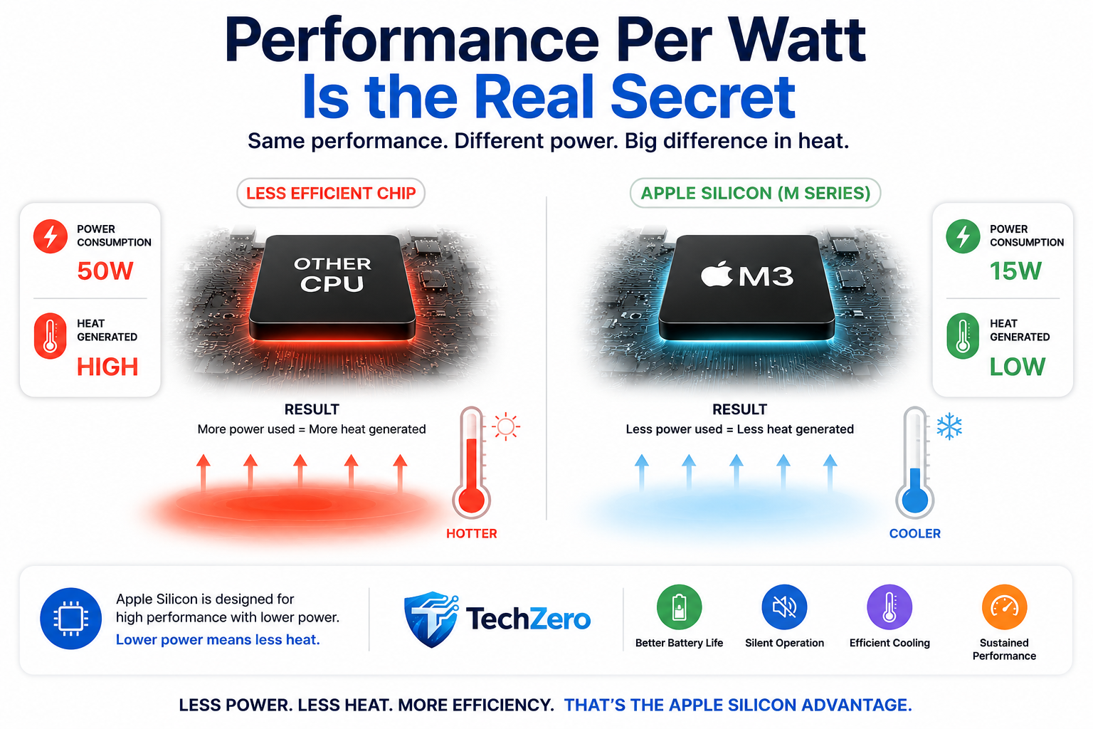 Apple Silicon performance per watt showing how lower power consumption produces less heat