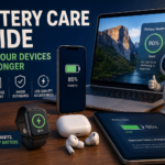 Battery care guide showing phone, laptop, tablet and wearable battery health