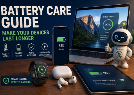 Battery care guide showing phone, laptop, tablet and wearable battery health
