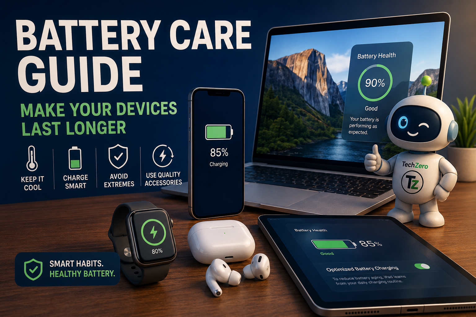 Battery care guide showing phone, laptop, tablet and wearable battery health