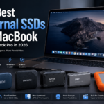 Hero image comparing the best external SSDs for MacBook Air and MacBook Pro, featuring Crucial X10 Pro, Samsung T9, SanDisk Professional Pro-G40, OWC Express 1M2, and LaCie Rugged SSD Pro with Thunderbolt, USB4, APFS, and Time Machine highlights.