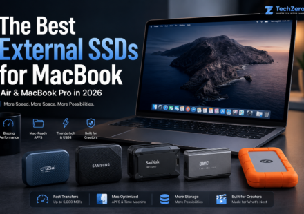 Hero image comparing the best external SSDs for MacBook Air and MacBook Pro, featuring Crucial X10 Pro, Samsung T9, SanDisk Professional Pro-G40, OWC Express 1M2, and LaCie Rugged SSD Pro with Thunderbolt, USB4, APFS, and Time Machine highlights.