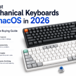 Hero illustration showing premium mechanical keyboards for macOS with the title "The Best Mechanical Keyboards for macOS in 2026". The image features Mac-compatible wireless mechanical keyboards, a mechanical switch, and highlights Mac-native layouts, Bluetooth connectivity, and customizable typing experience.