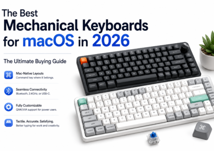 Hero illustration showing premium mechanical keyboards for macOS with the title "The Best Mechanical Keyboards for macOS in 2026". The image features Mac-compatible wireless mechanical keyboards, a mechanical switch, and highlights Mac-native layouts, Bluetooth connectivity, and customizable typing experience.
