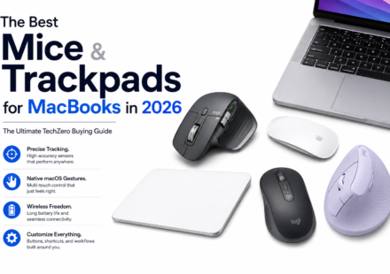 Hero image showcasing the best mice and trackpads for MacBooks in 2026, featuring a MacBook Pro, Apple Magic Trackpad, Logitech MX Master, Logitech MX Anywhere, Logitech Lift Vertical Mouse, and premium wireless pointing devices for macOS productivity.