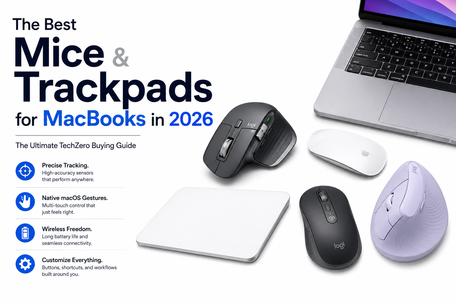 Hero image showcasing the best mice and trackpads for MacBooks in 2026, featuring a MacBook Pro, Apple Magic Trackpad, Logitech MX Master, Logitech MX Anywhere, Logitech Lift Vertical Mouse, and premium wireless pointing devices for macOS productivity.