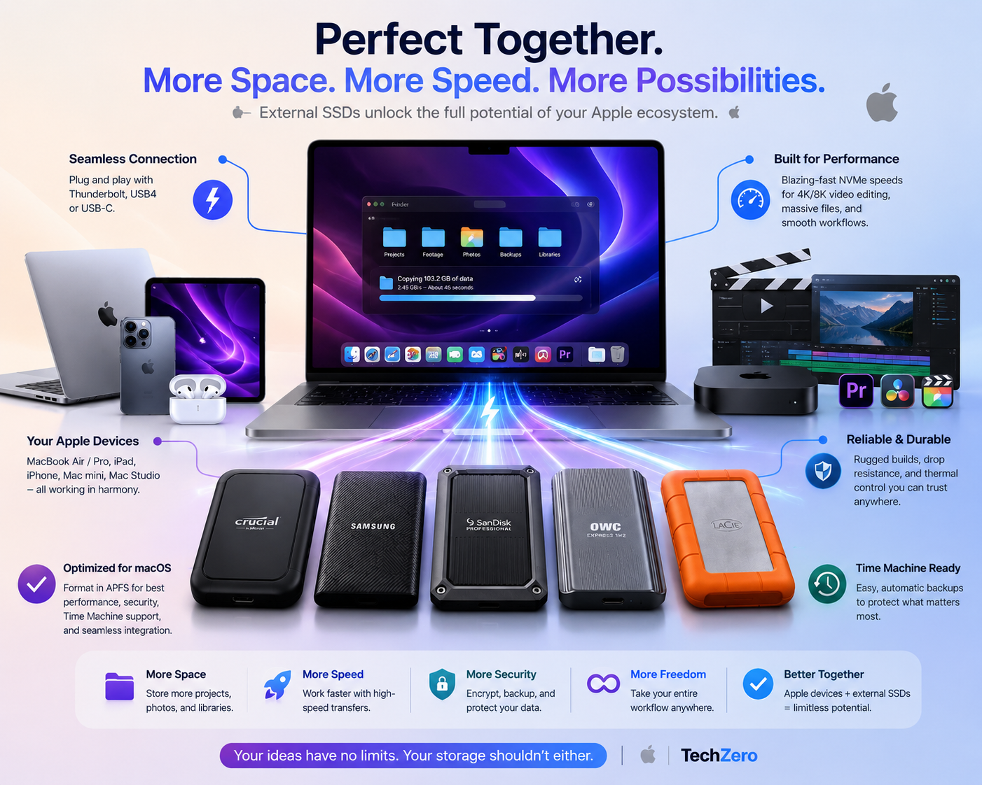 Infographic illustrating how external SSDs enhance the Apple ecosystem by expanding storage for MacBook Air, MacBook Pro, iPad, iPhone, Mac mini, and Mac Studio while supporting Thunderbolt, USB4, APFS, Time Machine, and professional creative workflows.