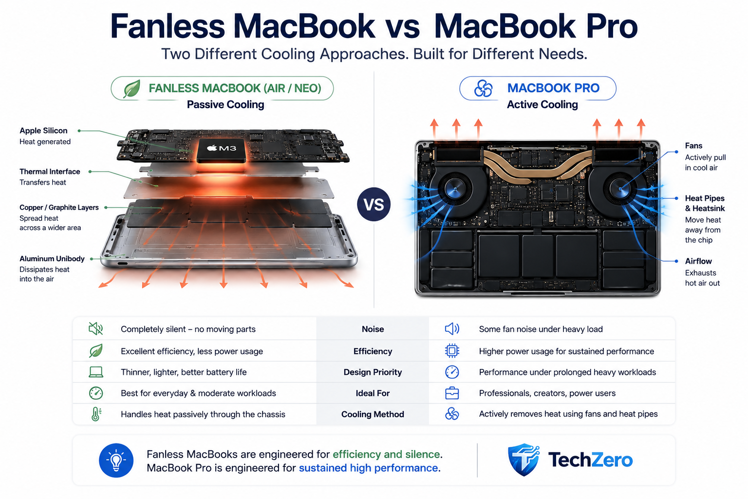 Comparison of fanless MacBook passive cooling and MacBook Pro active cooling with fans and heat pipes