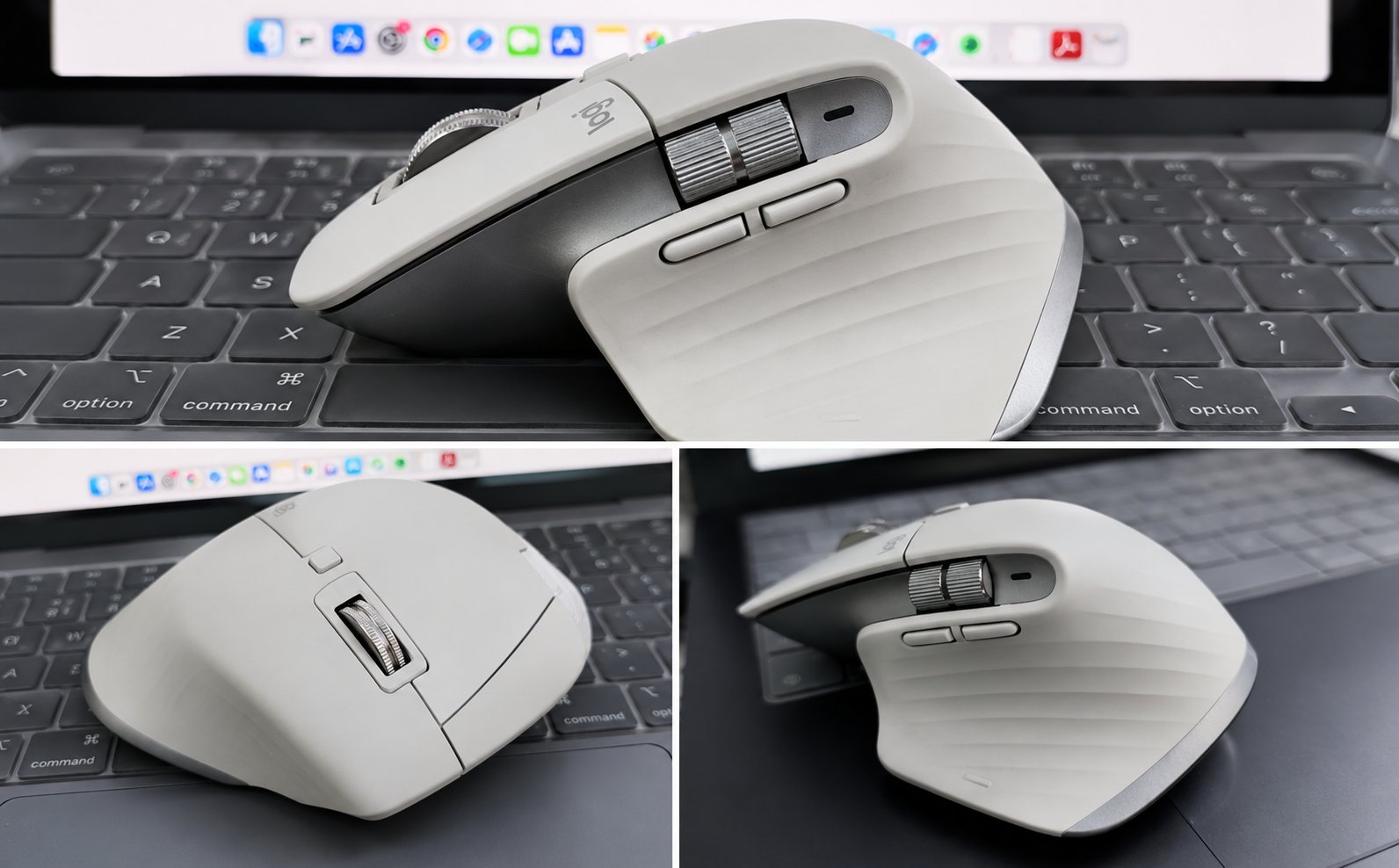 Logitech MX Master 3S showing scroll wheel, thumb buttons and ergonomic body from multiple angles