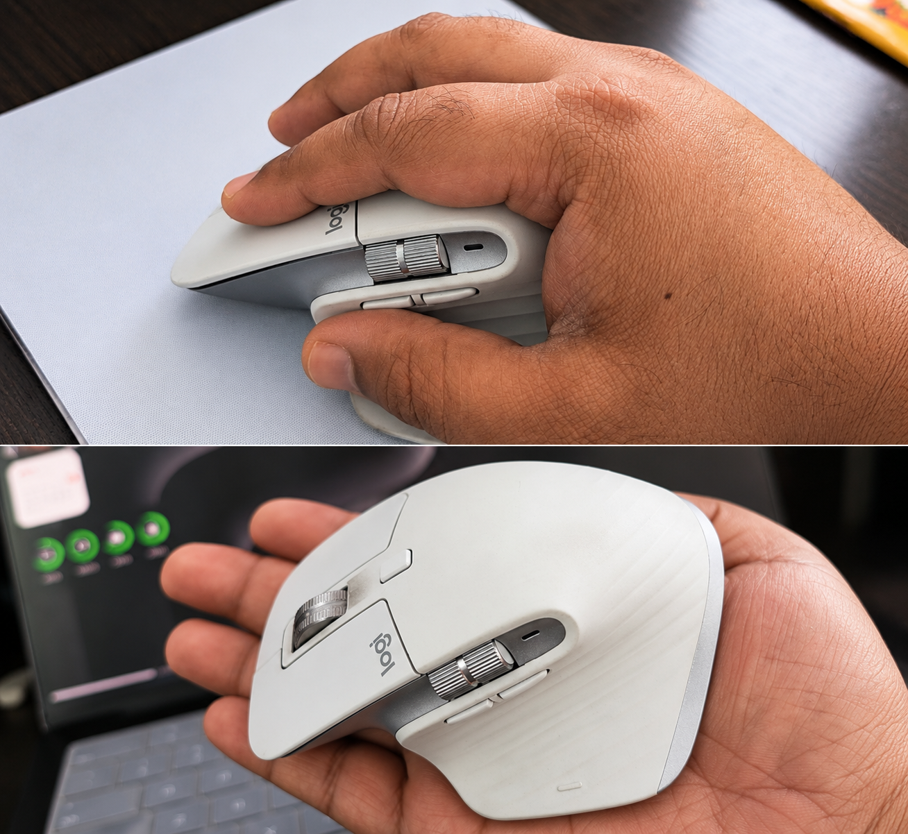 Hand gripping Logitech MX Master 3S showing its ergonomic palm support and thumb position