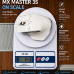 Logitech MX Master 3S weighing 143 grams on a digital scale