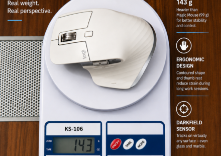 Logitech MX Master 3S weighing 143 grams on a digital scale