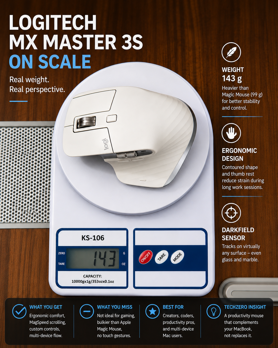 Logitech MX Master 3S weighing 143 grams on a digital scale