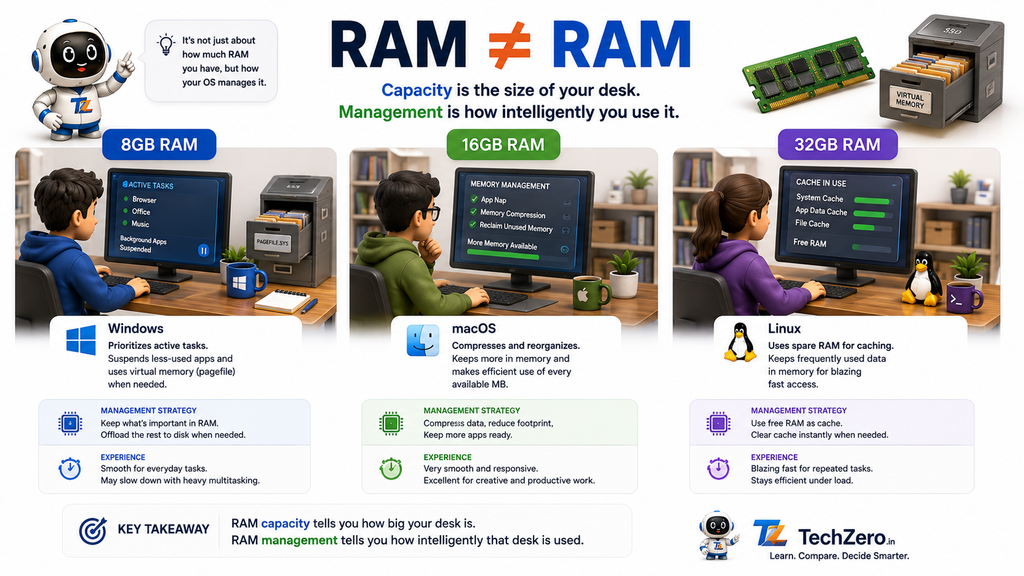 RAM capacity vs RAM management showing how 8GB, 16GB and 32GB can be managed differently by operating systems