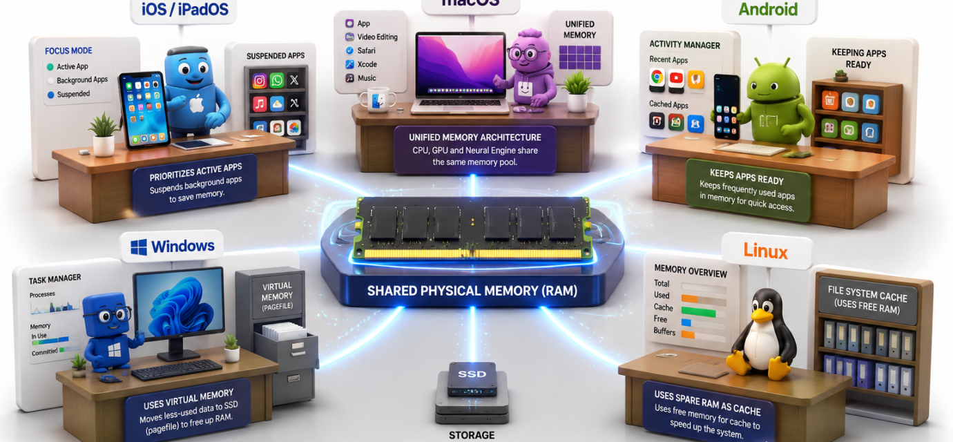 RAM management comparison showing how iOS, macOS, Android, Windows and Linux manage memory differently