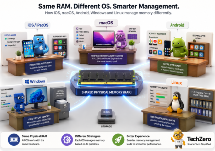 RAM management comparison showing how iOS, macOS, Android, Windows and Linux manage memory differently