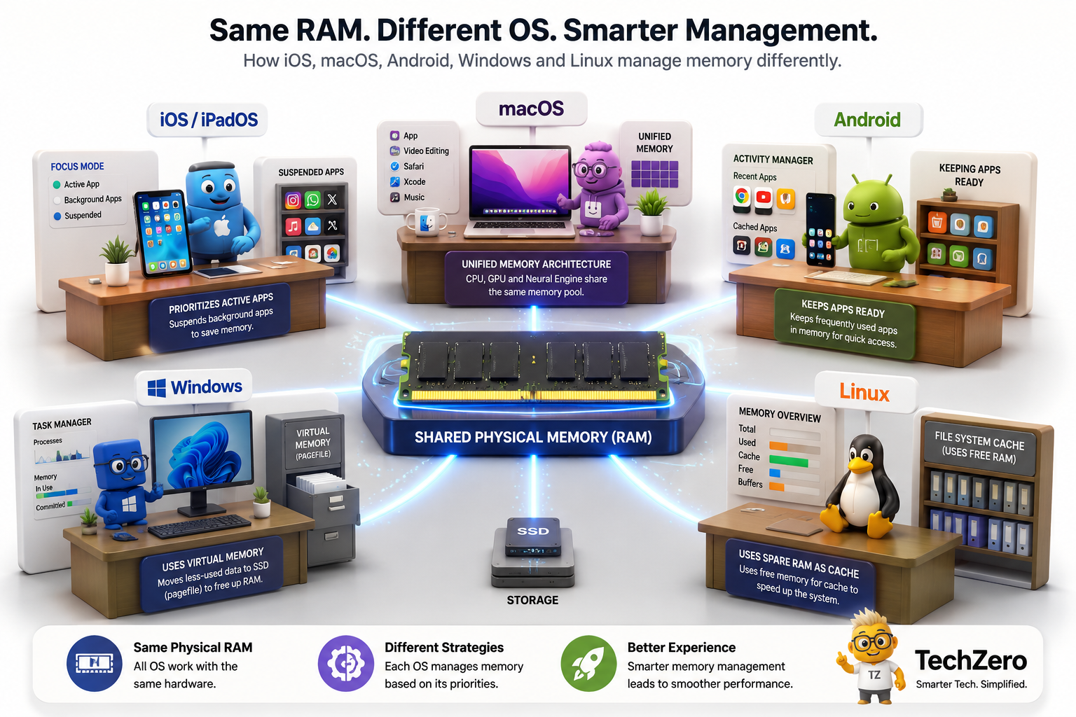 RAM management comparison showing how iOS, macOS, Android, Windows and Linux manage memory differently