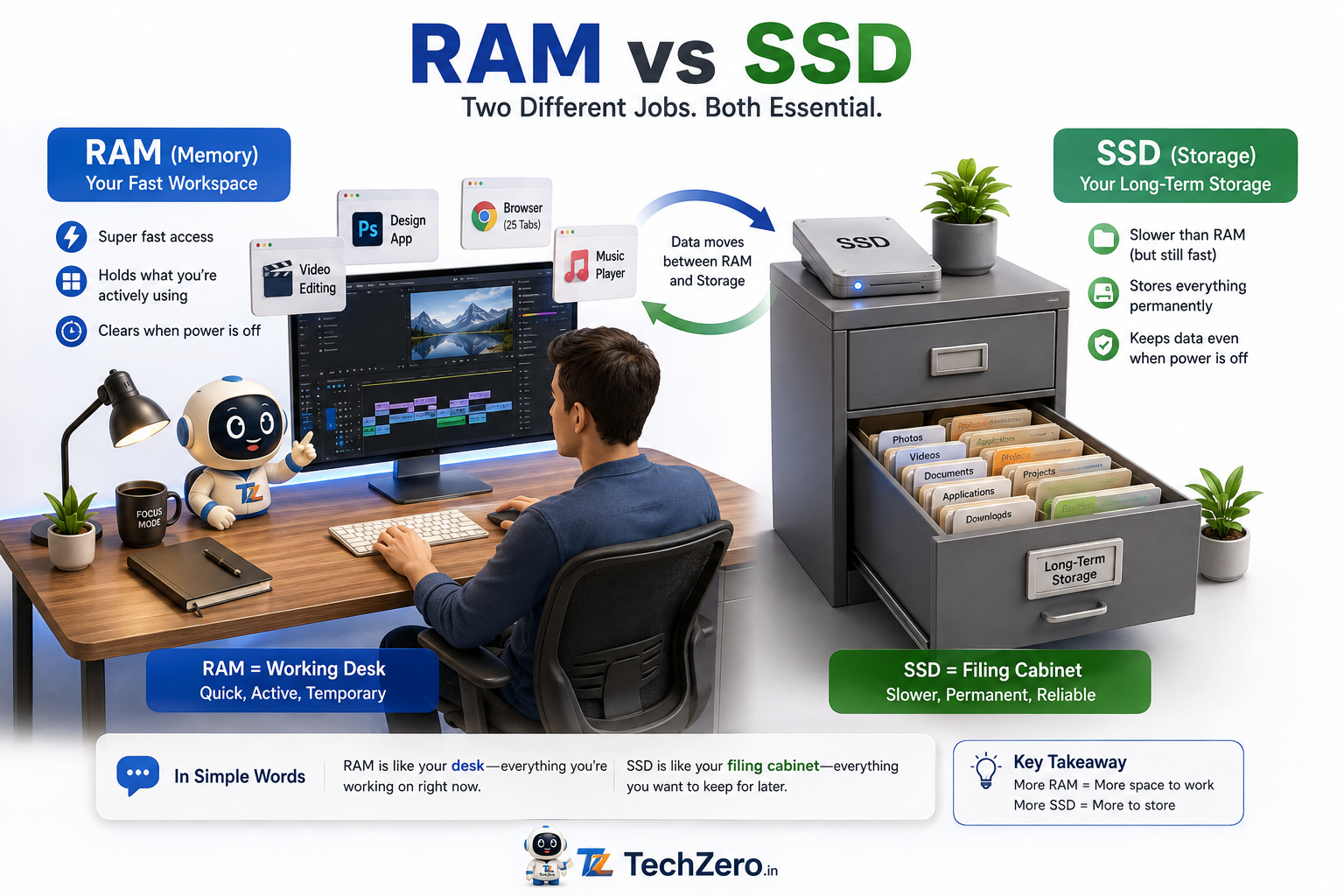RAM vs SSD showing RAM as a fast working desk and SSD as long-term storage