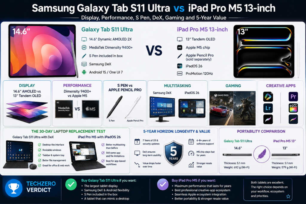 Samsung Galaxy Tab S11 Ultra vs iPad Pro M5 13-inch comparison showing display, performance, S Pen, DeX, gaming, creative apps, longevity and portability.