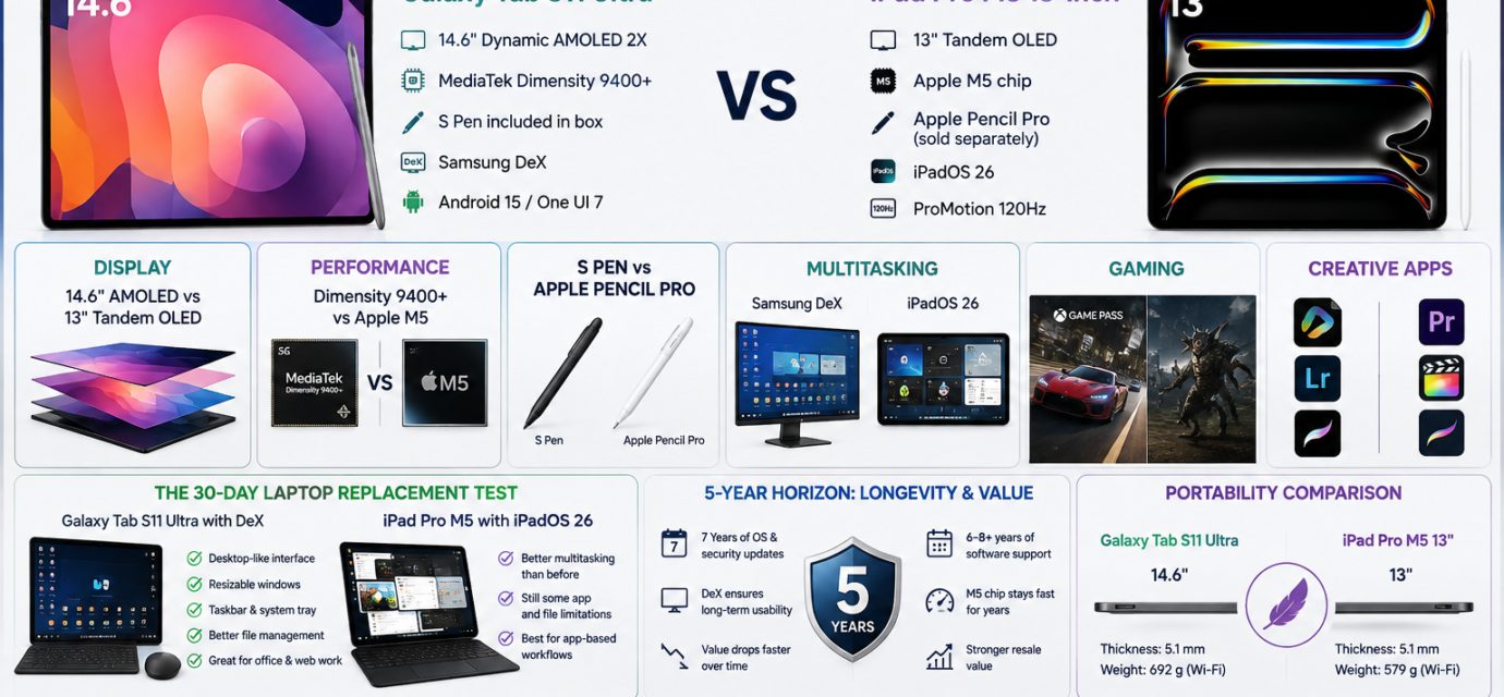 Samsung Galaxy Tab S11 Ultra vs iPad Pro M5 13-inch comparison showing display, performance, S Pen, DeX, gaming, creative apps, longevity and portability.