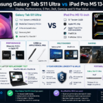 Samsung Galaxy Tab S11 Ultra vs iPad Pro M5 13-inch comparison showing display, performance, S Pen, DeX, gaming, creative apps, longevity and portability.