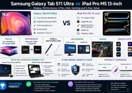 Samsung Galaxy Tab S11 Ultra vs iPad Pro M5 13-inch comparison showing display, performance, S Pen, DeX, gaming, creative apps, longevity and portability.